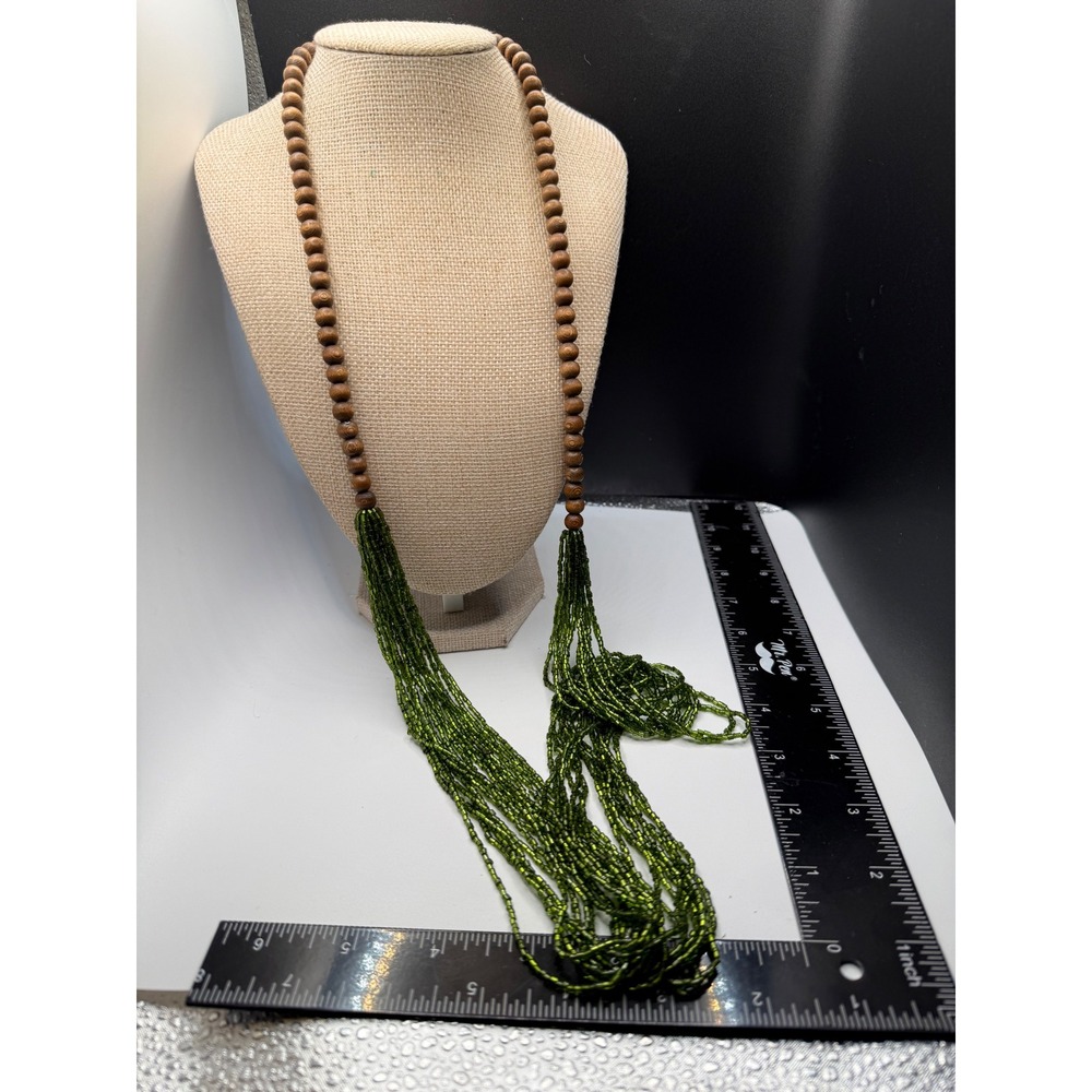 Bocar Green Multi Strand Seed Bead Necklace Brown Wood Bead Statement Boho 20 In
